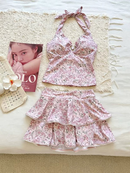 Rosalie Pink Print Tankini Set with Ruffle Skirt