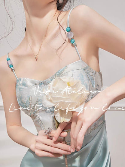 Mint Blue Embroidery Corset Maxi Dress With Built-In Padding