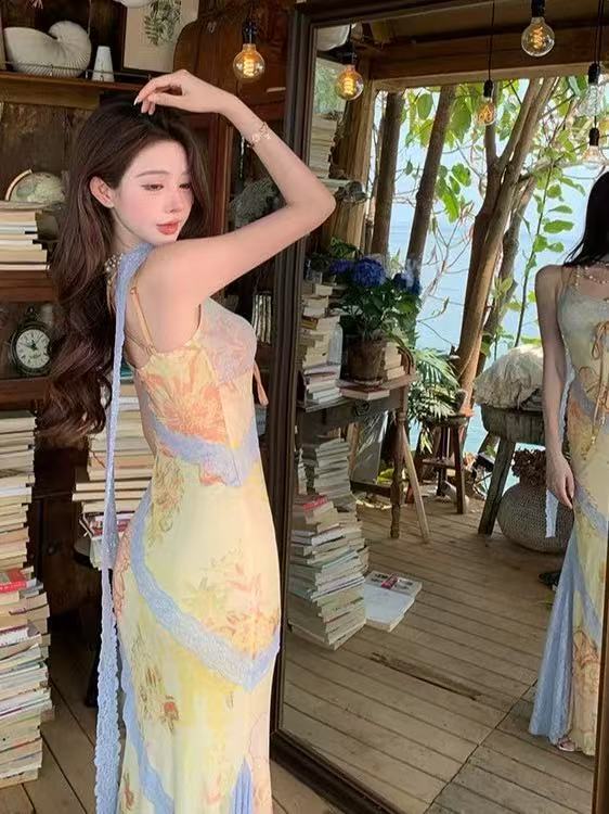 Monet Garden Yellow Blue Lace Maxi Dress