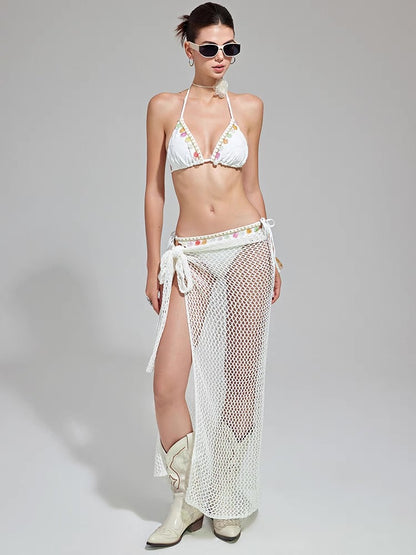 White Floral Textured Triangle Bikini Set with Fishnet Sarong