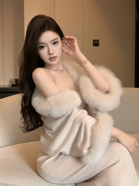 Beige Diamanté Straps Knit Maxi Dress with Shrug