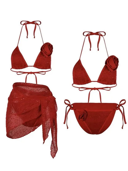 Rosie Red 3-Piece Bikini Set - Shimmer Net with 3D Floral & Matching Sarong