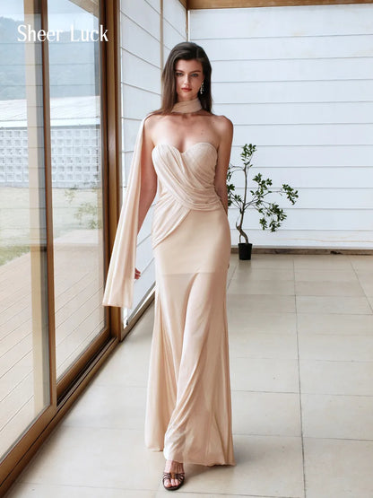 Kira Mesh Ruched Asymmetrical Mermaid Maxi Dress