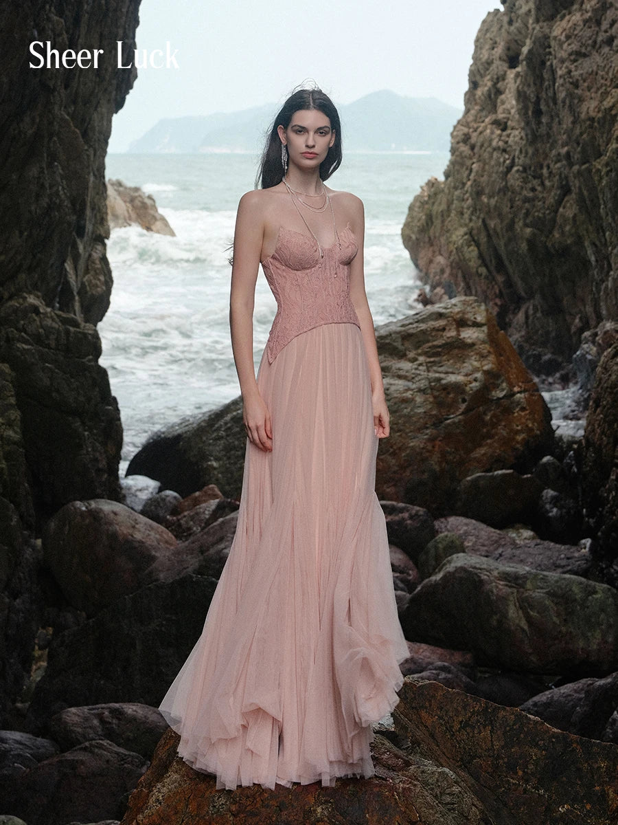 Wavy Lace Corset Strapless Tulle Maxi Gown