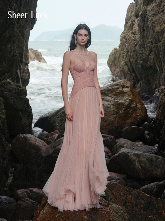 Wavy Lace Corset Strapless Tulle Maxi Gown