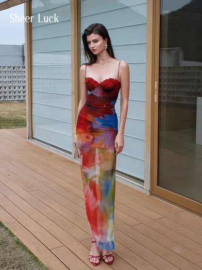 Floral Mesh Ombre Corset Maxi Dress