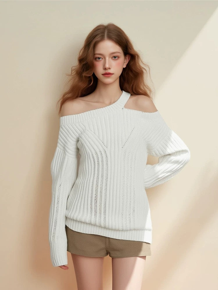 White Asymmetric Cut-Out Knit Sweater