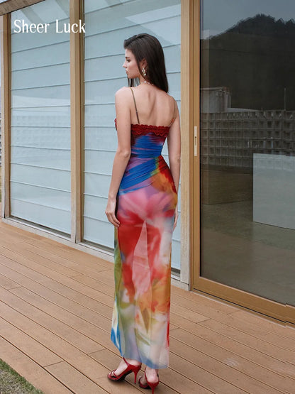 Floral Mesh Ombre Corset Maxi Dress