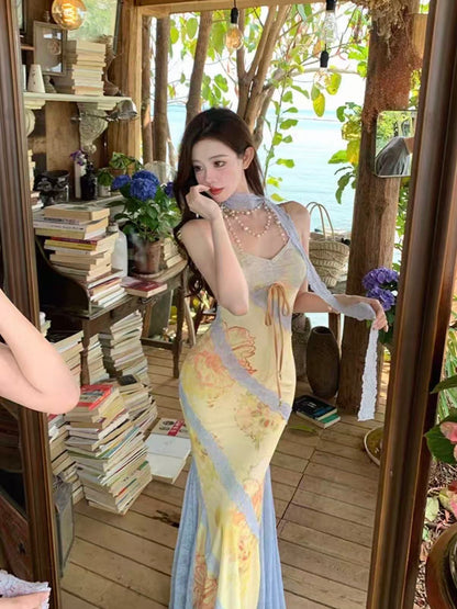 Monet Garden Yellow Blue Lace Maxi Dress