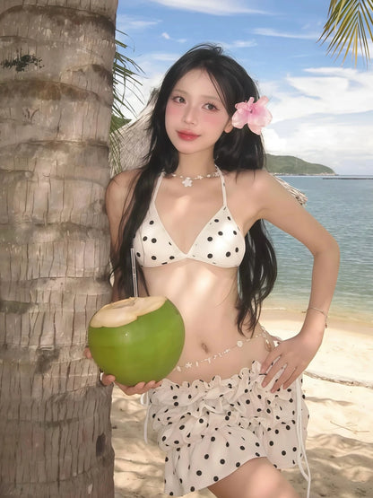 Polka Dot Triangle Halter Bikini Sets With Ruched Skirt