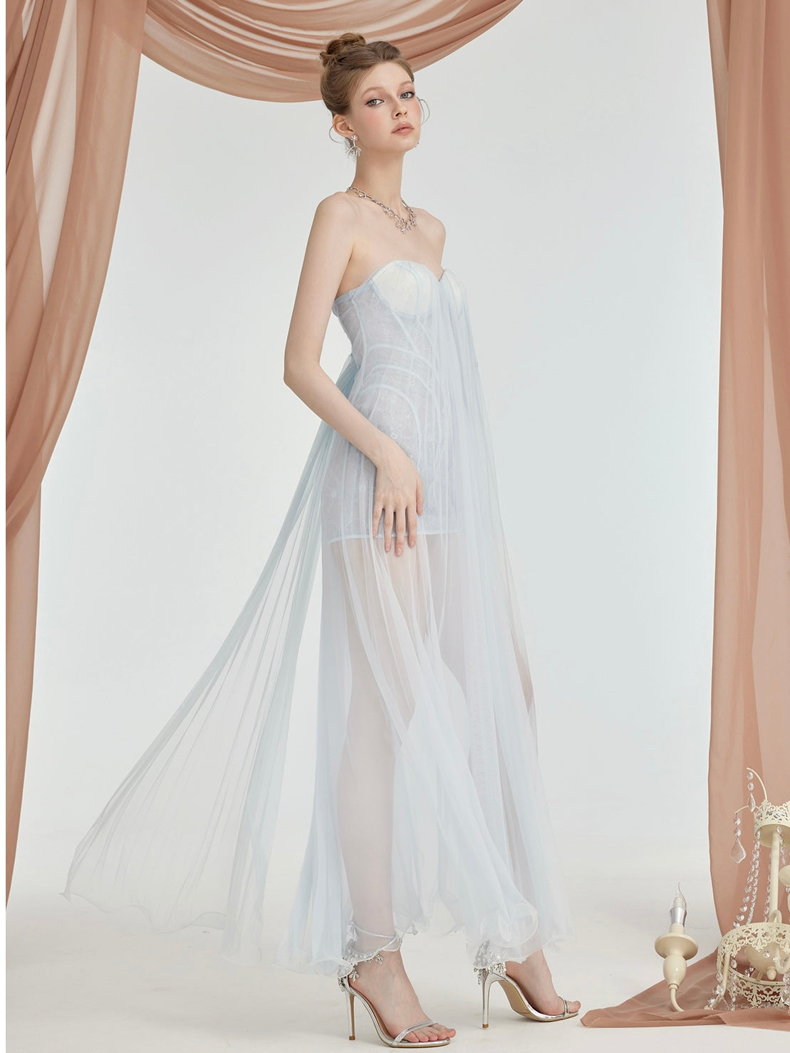 Thea Mesh Strapless Backless Maxi Dress