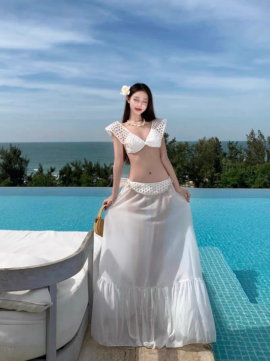 Marielle White Eyelet Lace Three-Piece Swim Set