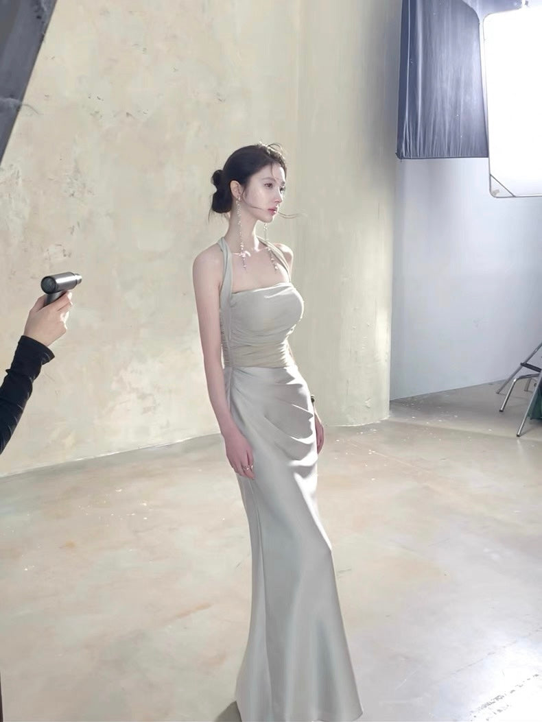 Moonlit Silver Mesh Halter Padded Maxi Dress