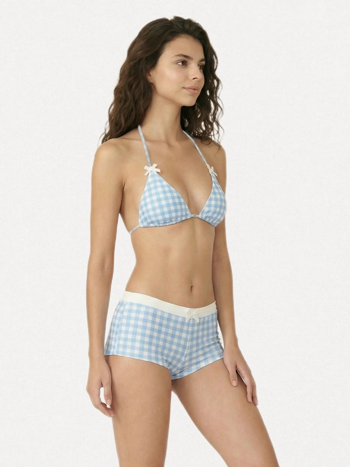 Blue Gingham Bowknot Halter Triangle Bikini Set