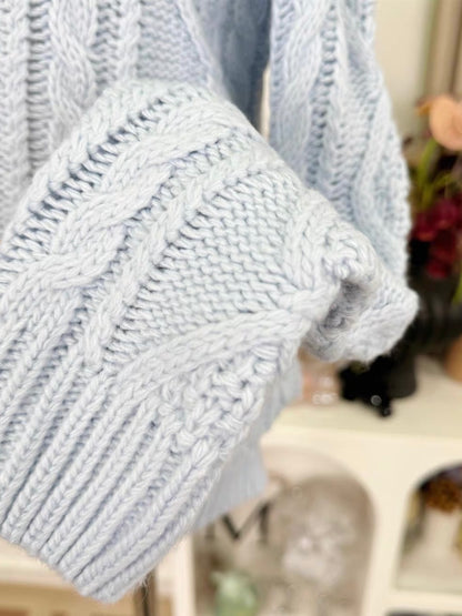 Sky Blue Cable Turtleneck Knit Sweater