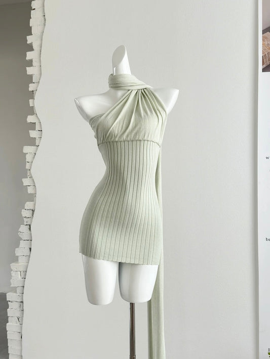 Sage Green Asymmetric Halter Knit Mini Dress