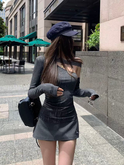 Grey Lace Off-Shoulder Long Sleeve Top