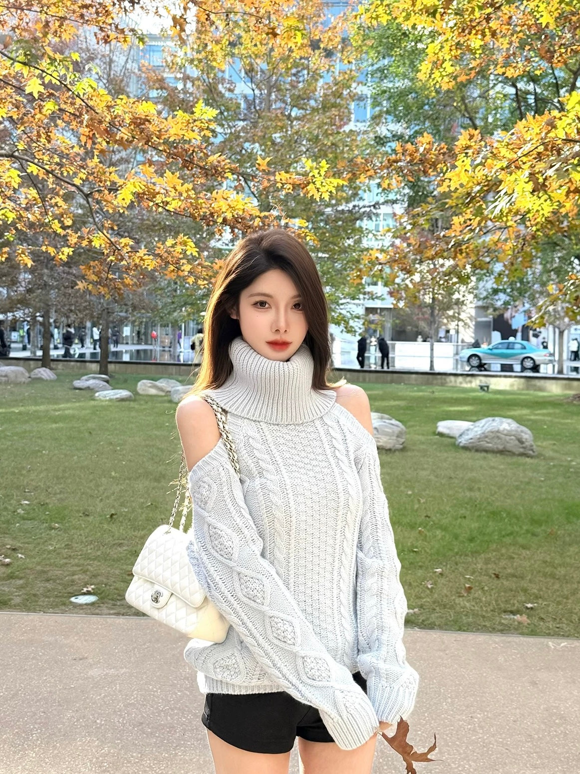 Sky Blue Cable Turtleneck Knit Sweater