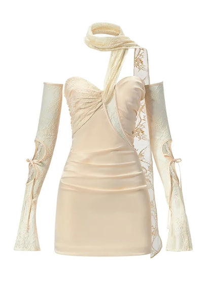 Monaco Satin Lace Ribbon Sleeve Mini Dress