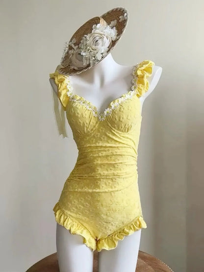 Yellow Daisy Ruffle One-Piece Swimsuit With Wrap Skirt