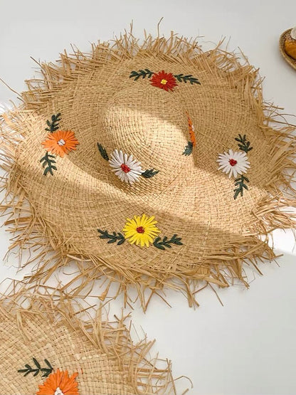 Daisy Meadow Embroidered Straw Hat