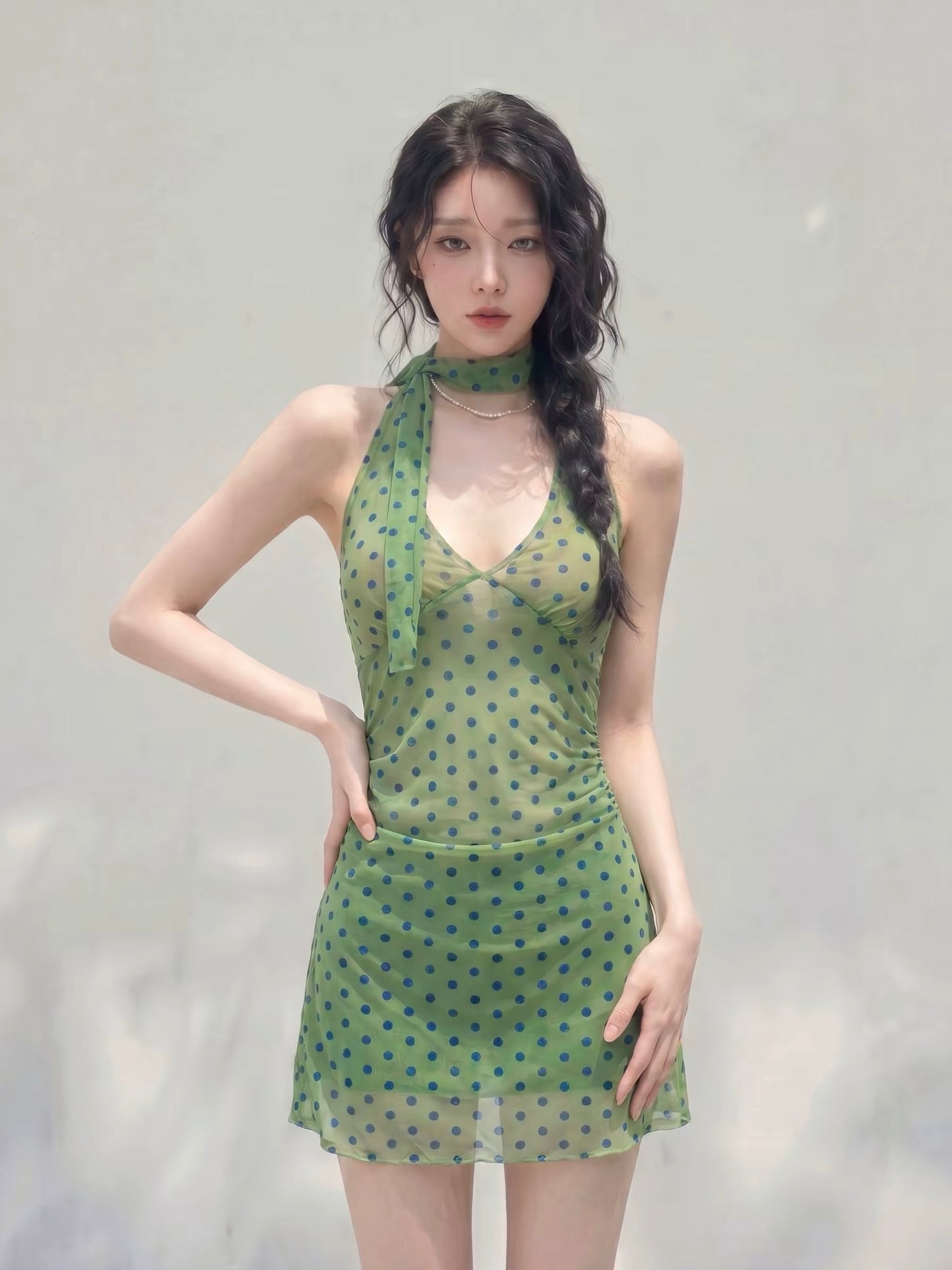 Olive Polka Dot One-Piece Swimsuit with Scarf