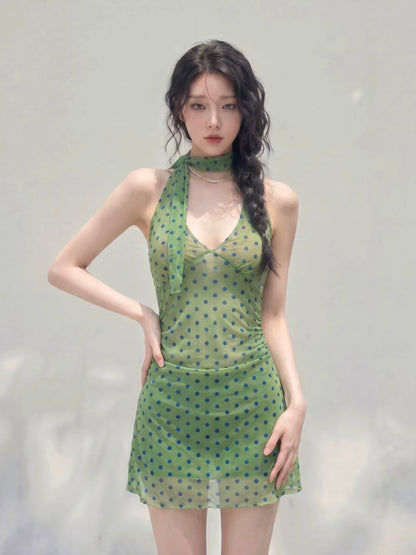 Olive Polka Dot One-Piece Swimsuit with Scarf