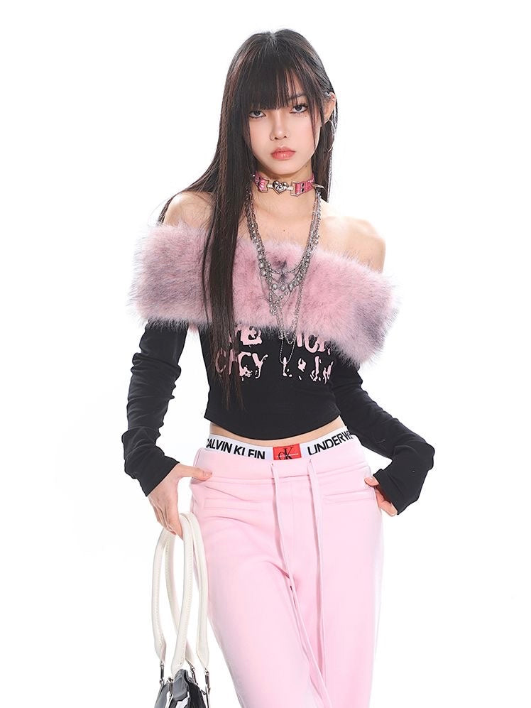 Pink Revolution Off-Shoulder Top With Detachable Faux Fur