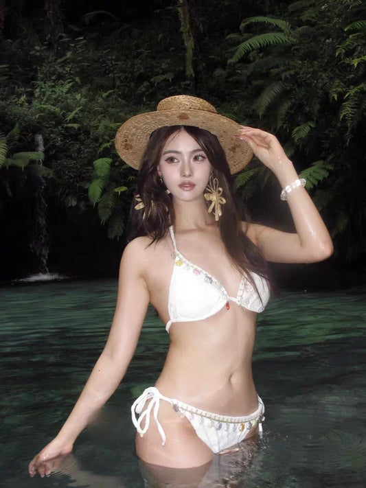 White Floral Textured Triangle Bikini Set with Fishnet Sarong