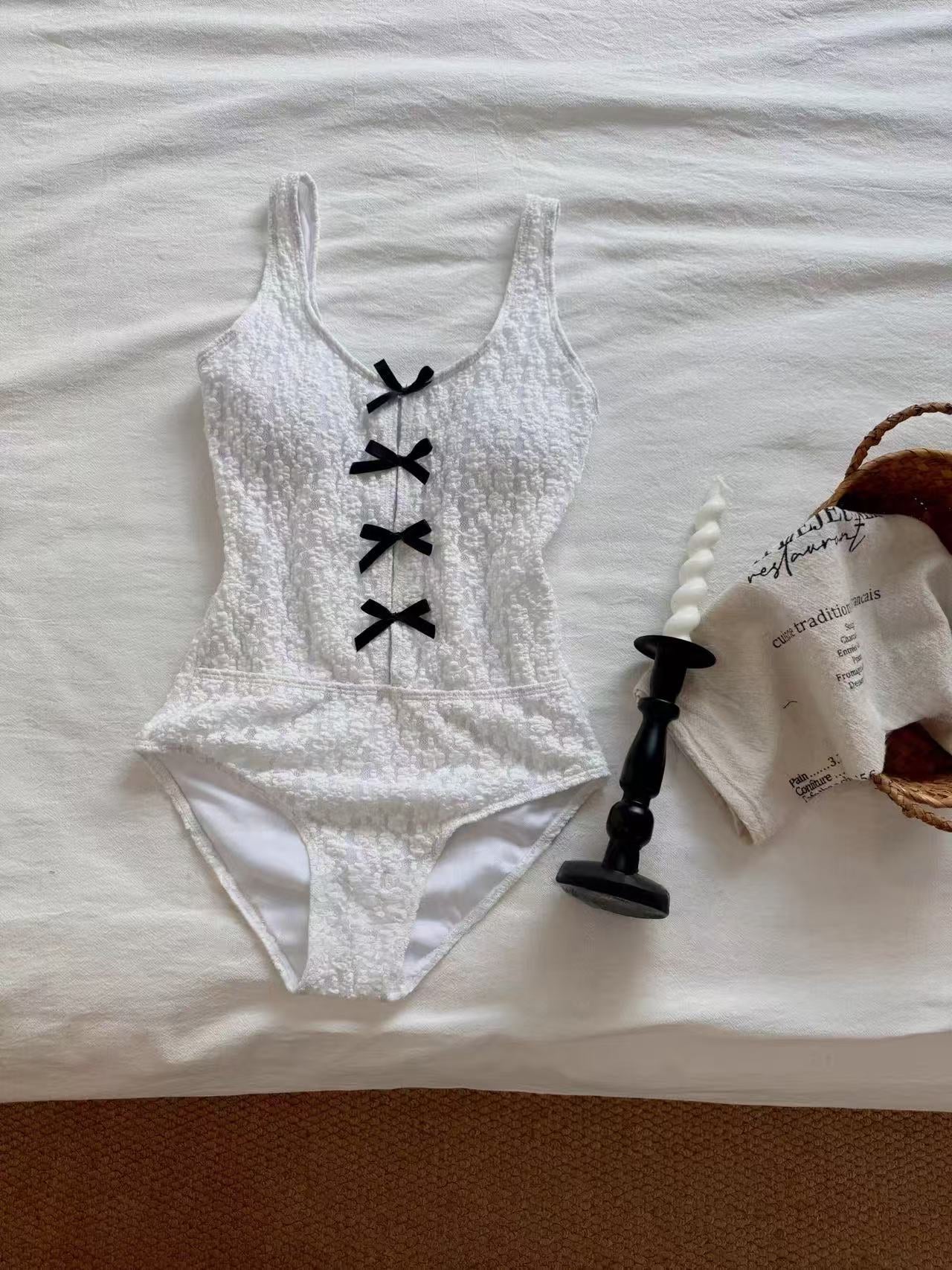Bowknot Lace Textured Swimsuit with Skirt