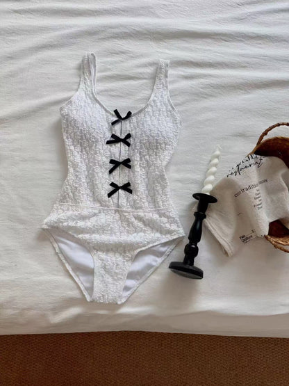 Bowknot Lace Textured Swimsuit with Skirt