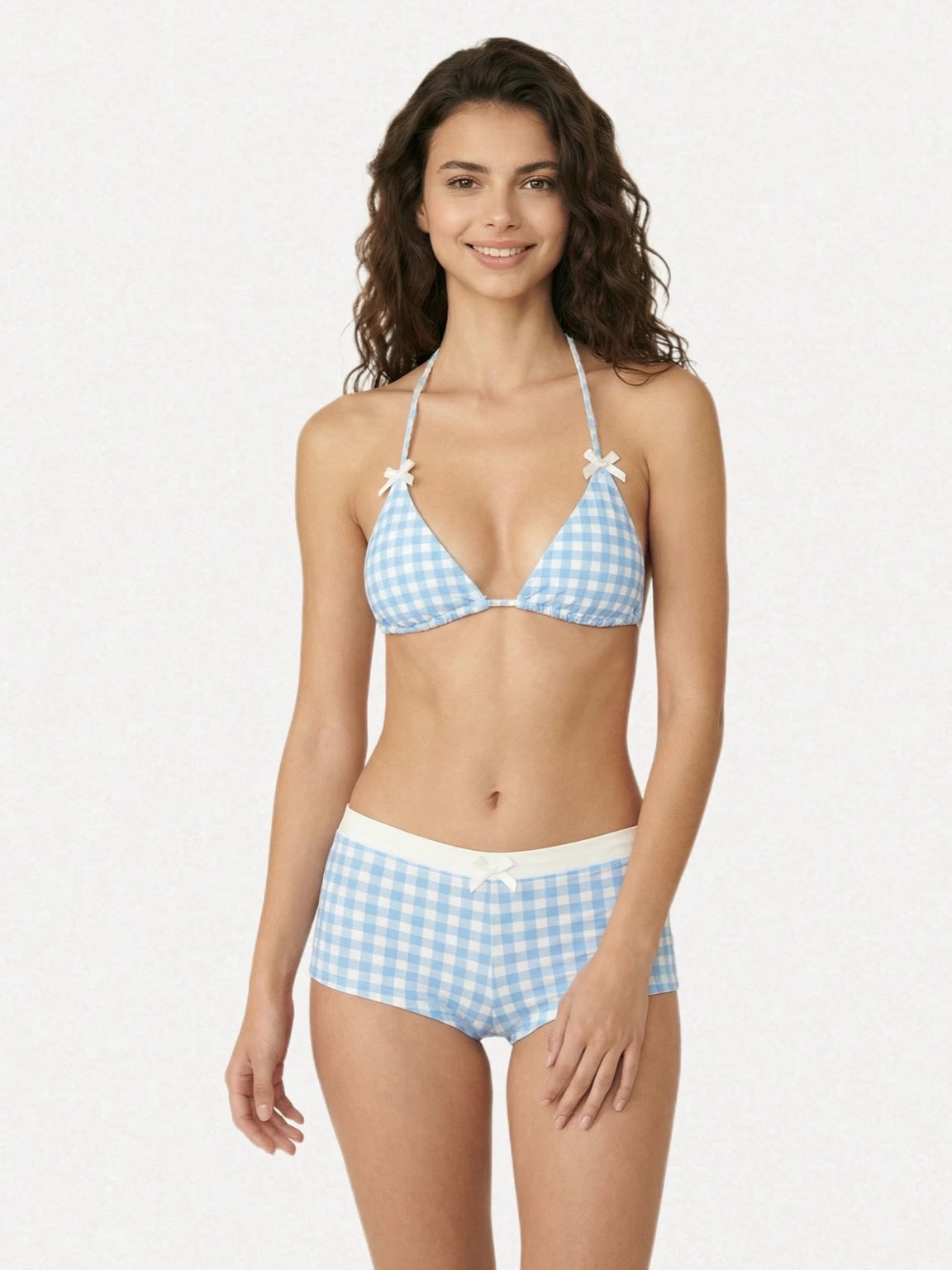 Blue Gingham Bowknot Halter Triangle Bikini Set