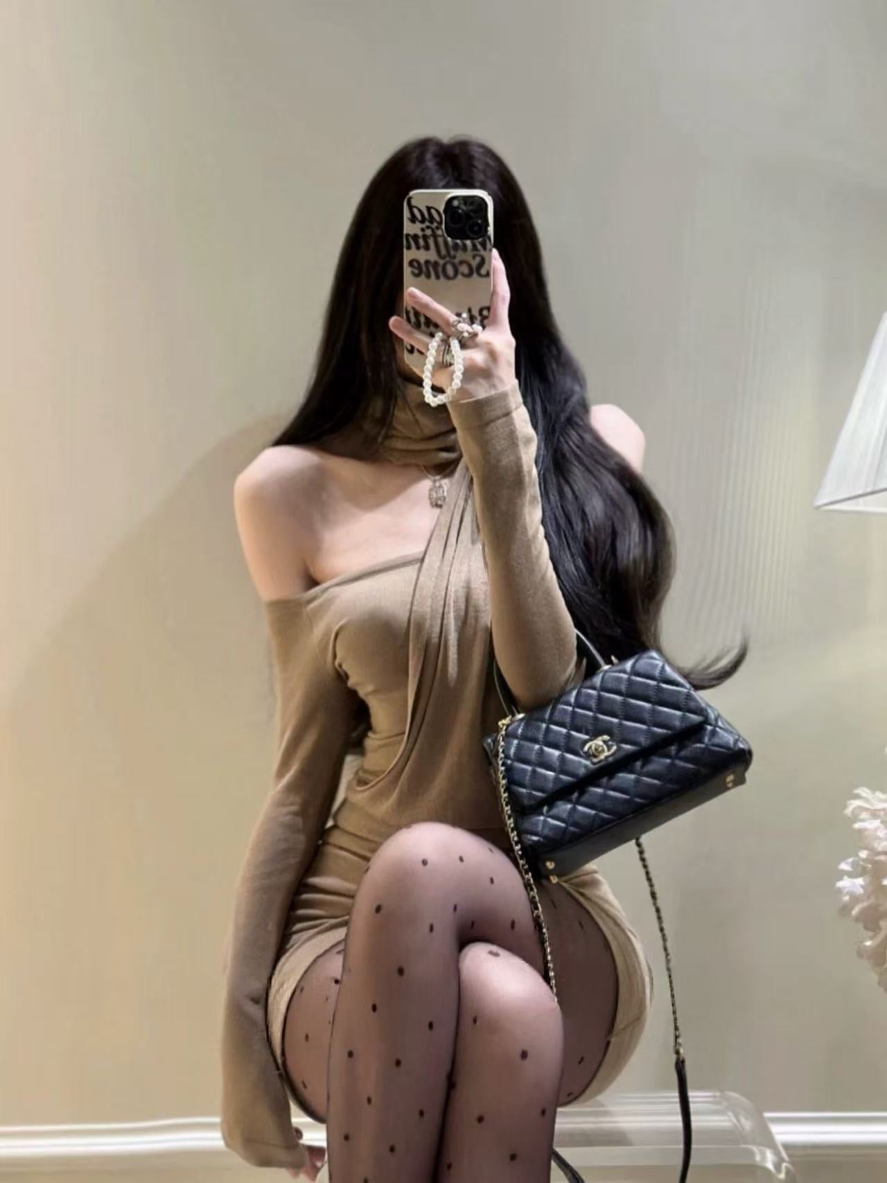 Mocha Veil Off-Shoulder Knit Mini Dress