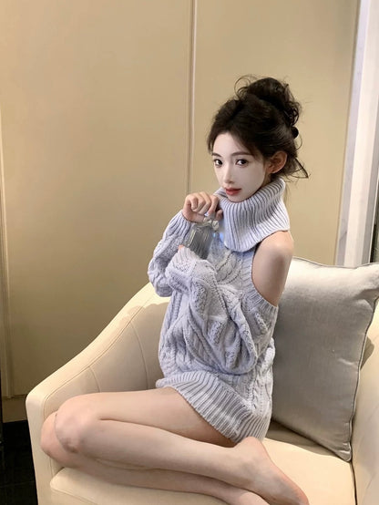 Sky Blue Cable Turtleneck Knit Sweater