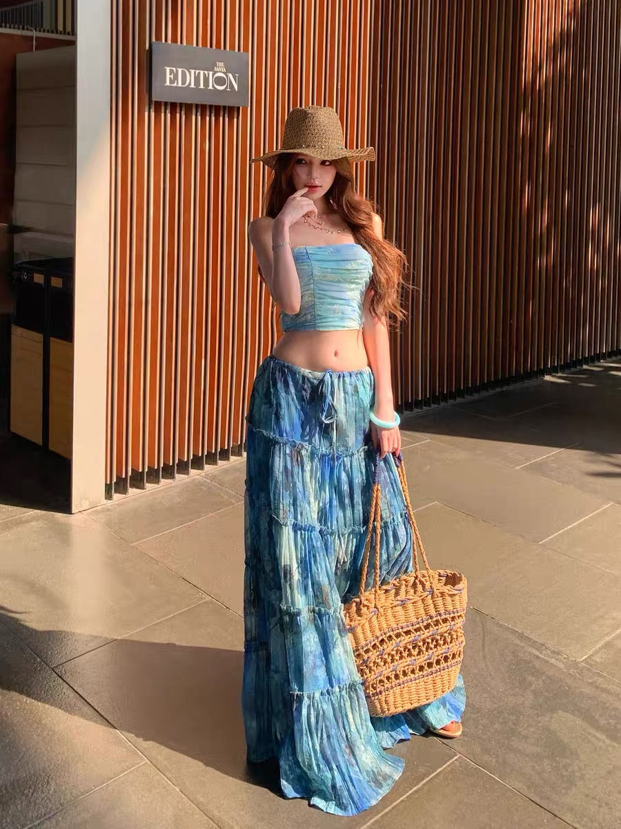 Azure Tide Bandeau Top & Maxi Skirt Set