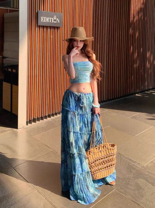 Azure Tide Bandeau Top & Maxi Skirt Set