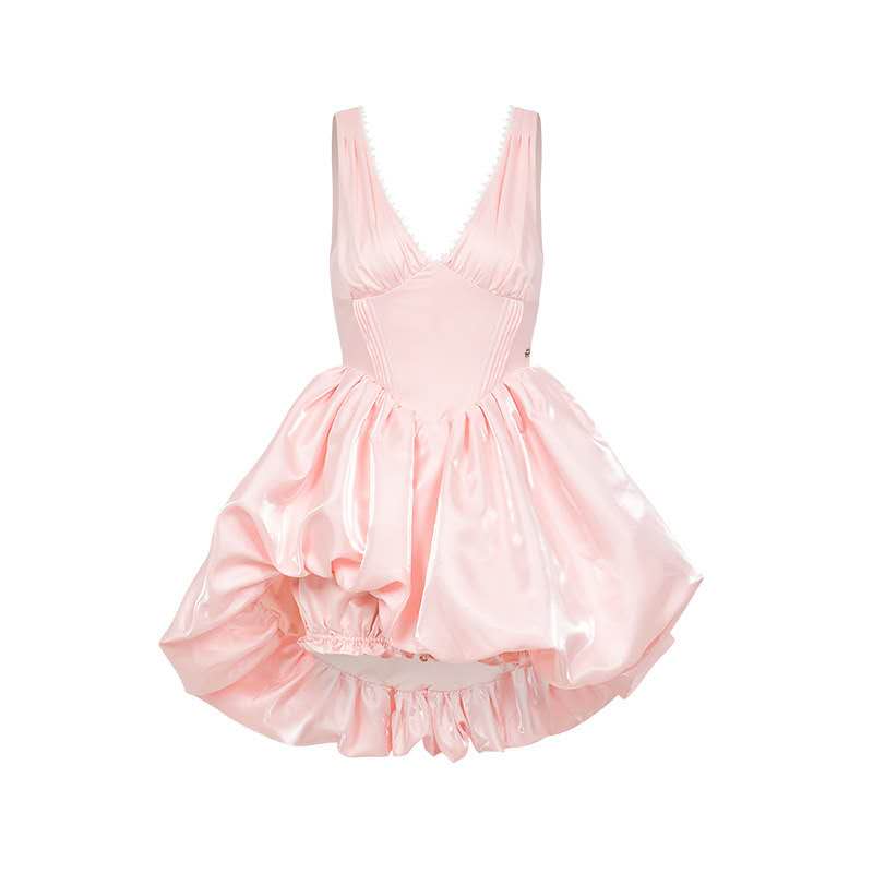 SHEER LUCK Bolla French V-Neck Puffy Mini Dress