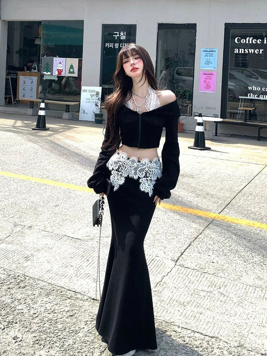 Desiree Lace Cropped Jacket and Maxi Skirt Set