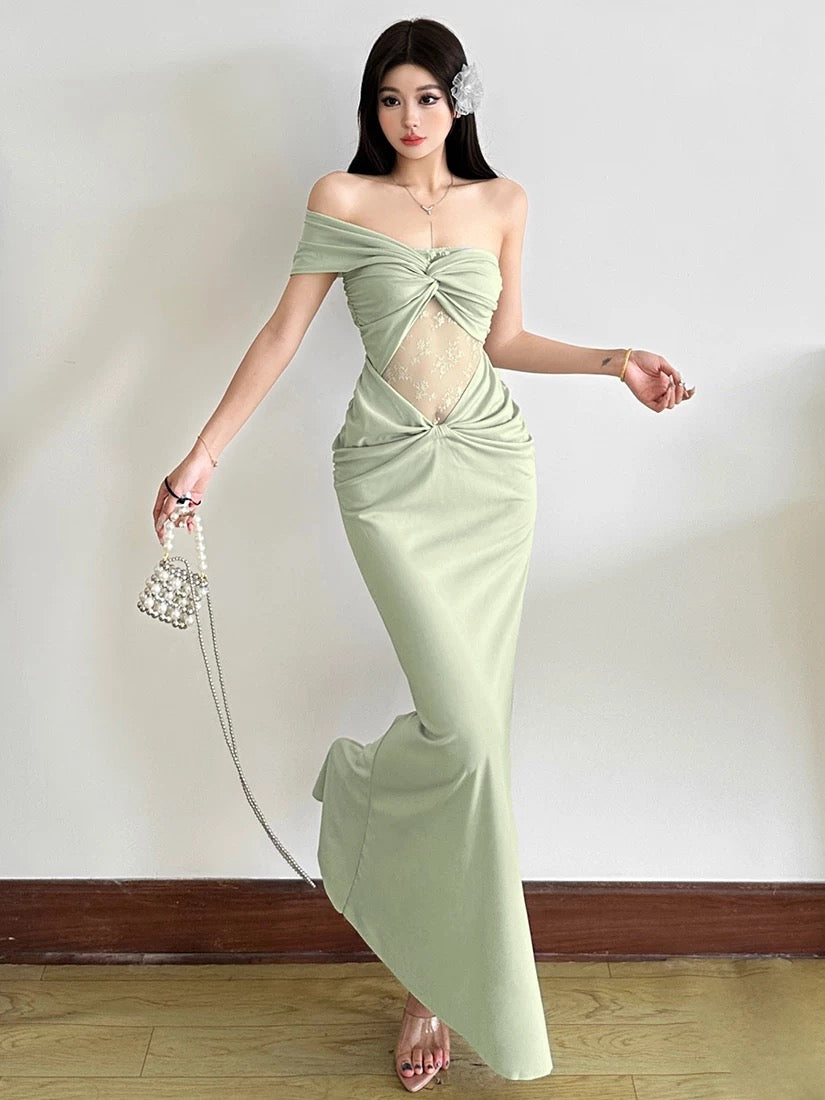Mint Green One-Shoulder Lace Cut Out Maxi Dress