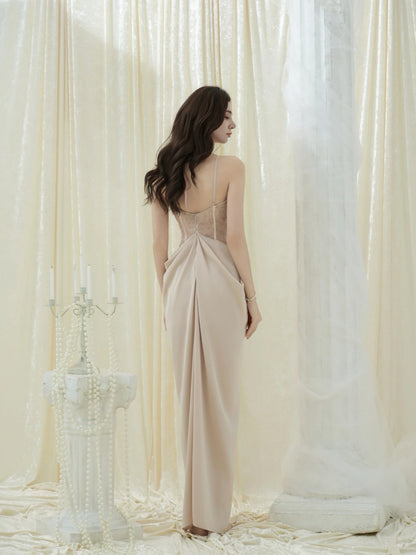 Crow Crew Lotus Pink Lace Corset Ruched Maxi Dress