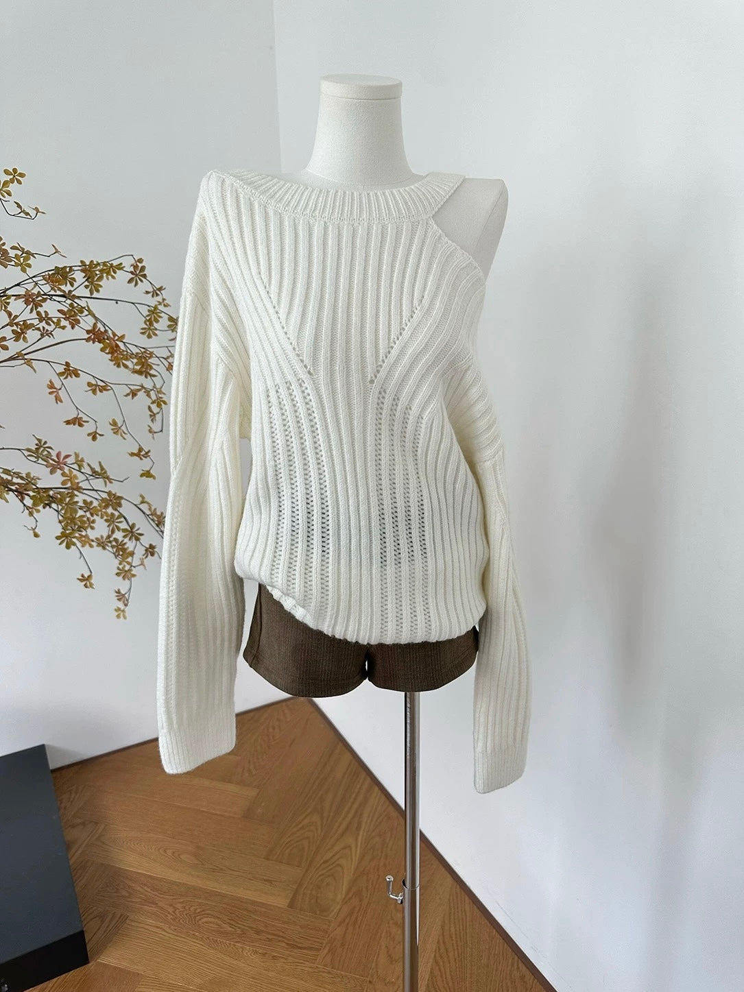 White Asymmetric Cut-Out Knit Sweater
