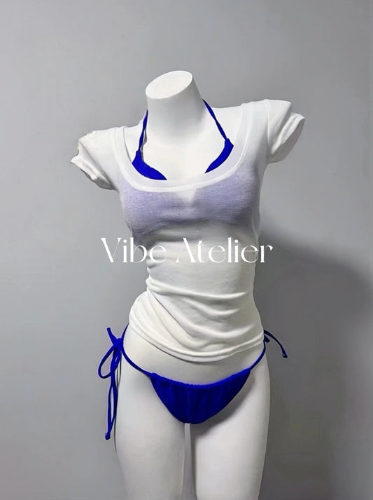 Klein Blue Triangle Bikini Set with Mesh Cropped Tee