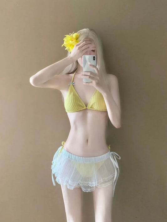 Starlight - Yellow 3 Piece Textured Bikini Set with Cover Up Top