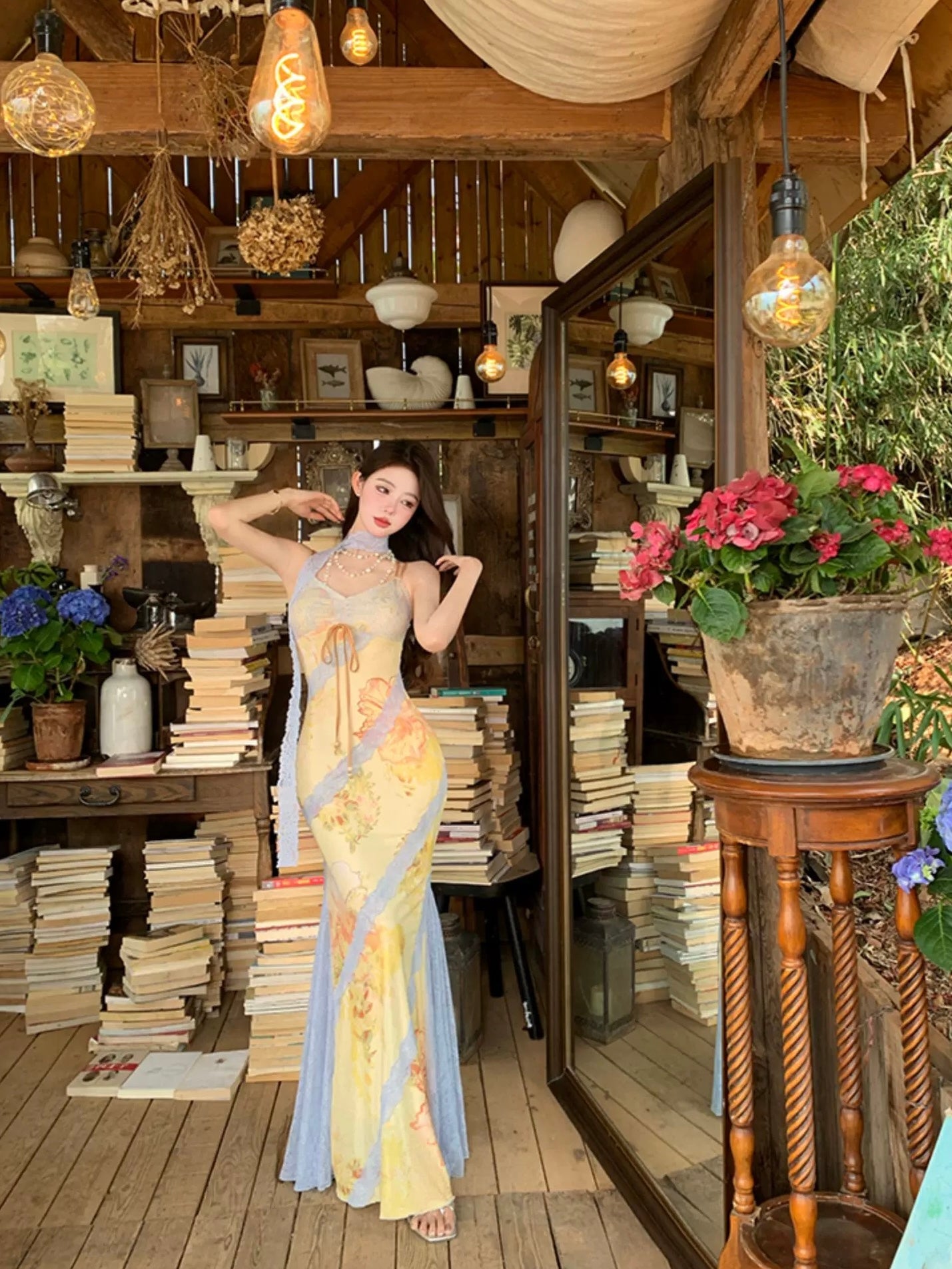 Monet Garden Yellow Blue Lace Maxi Dress