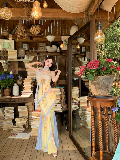 Monet Garden Yellow Blue Lace Maxi Dress