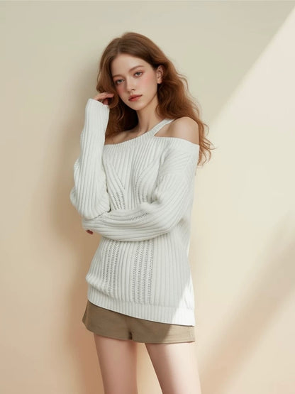 White Asymmetric Cut-Out Knit Sweater
