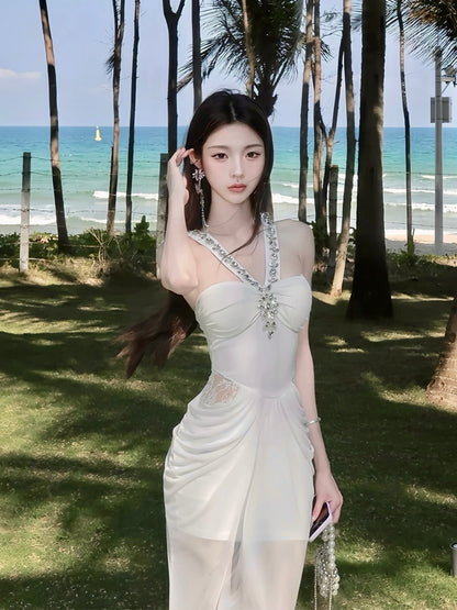 White Mirage Diamanté Halter Maxi Dress