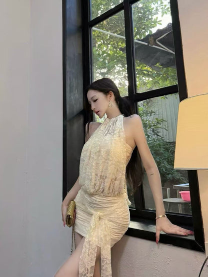 Solenne Ivory Lace Halter Mini Dress & Bandeau Set