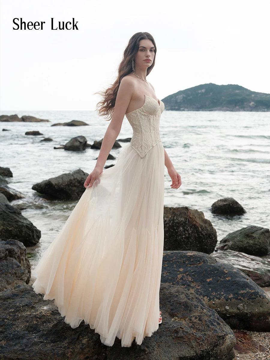 Wavy Lace Corset Strapless Tulle Maxi Gown