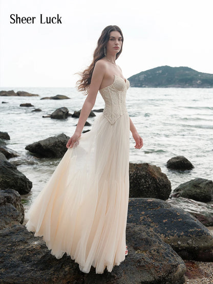 Wavy Lace Corset Strapless Tulle Maxi Gown